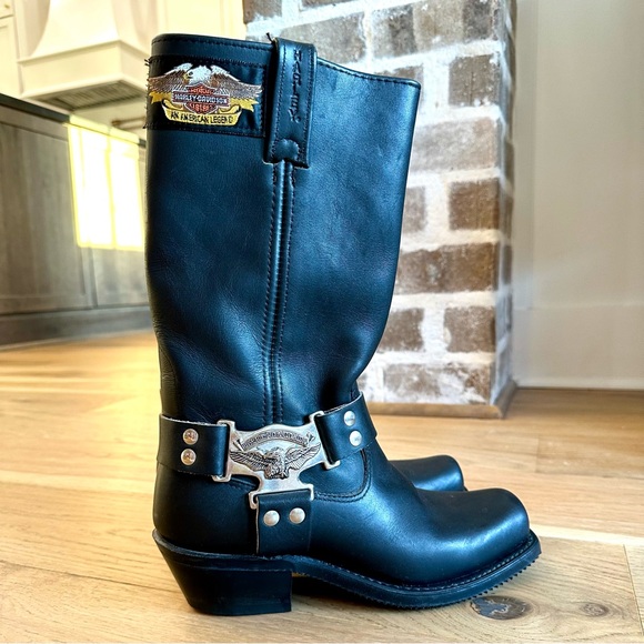 !! SOLD !! — *VINTAGE 1994* HARLEY-DAVIDSON Tall Black Moto Boot 7 -USAMade - Picture 4 of 9